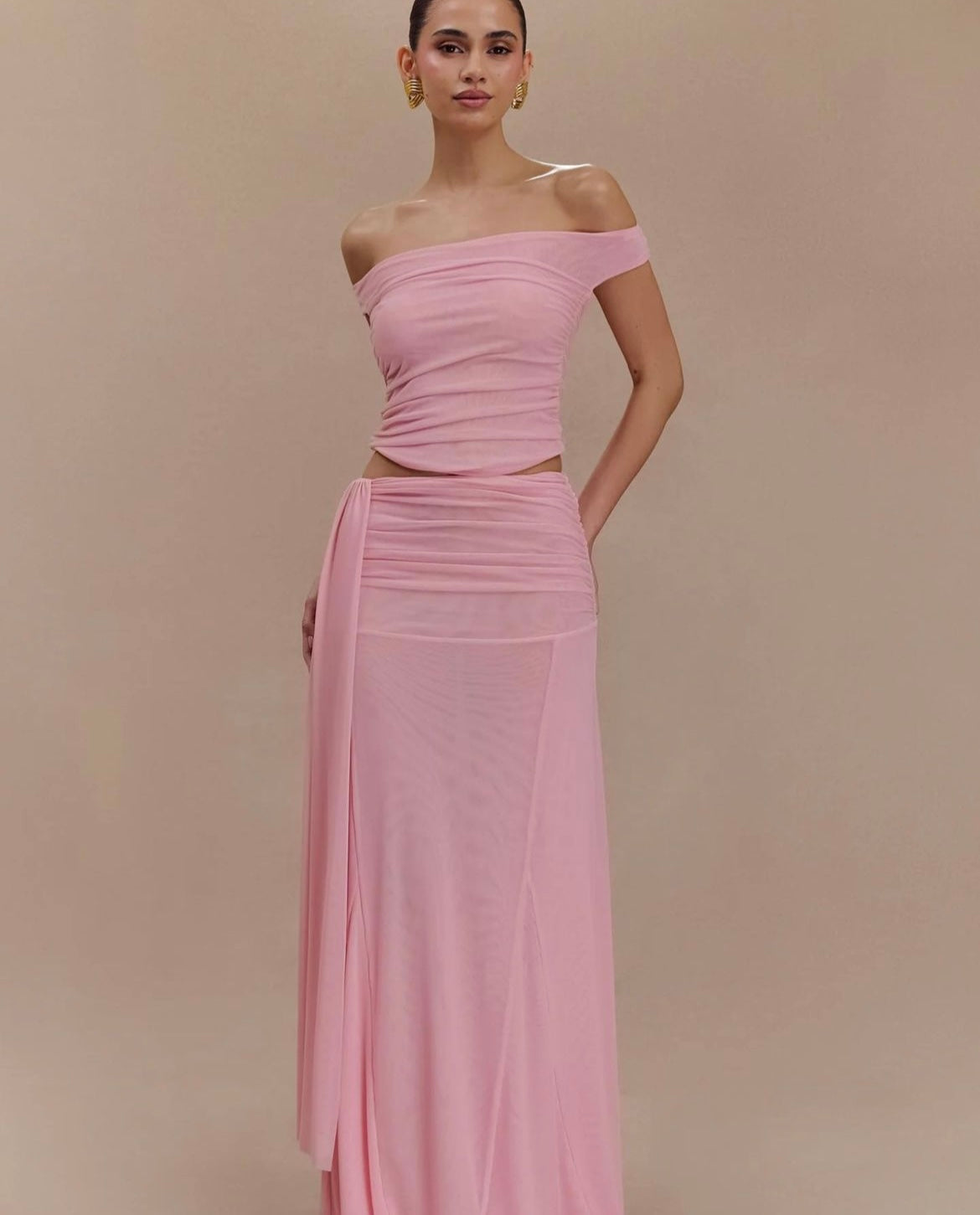 Meshki Arna Mesh Skirt And Brooklyn Mesh Crop Top - Candy Pink