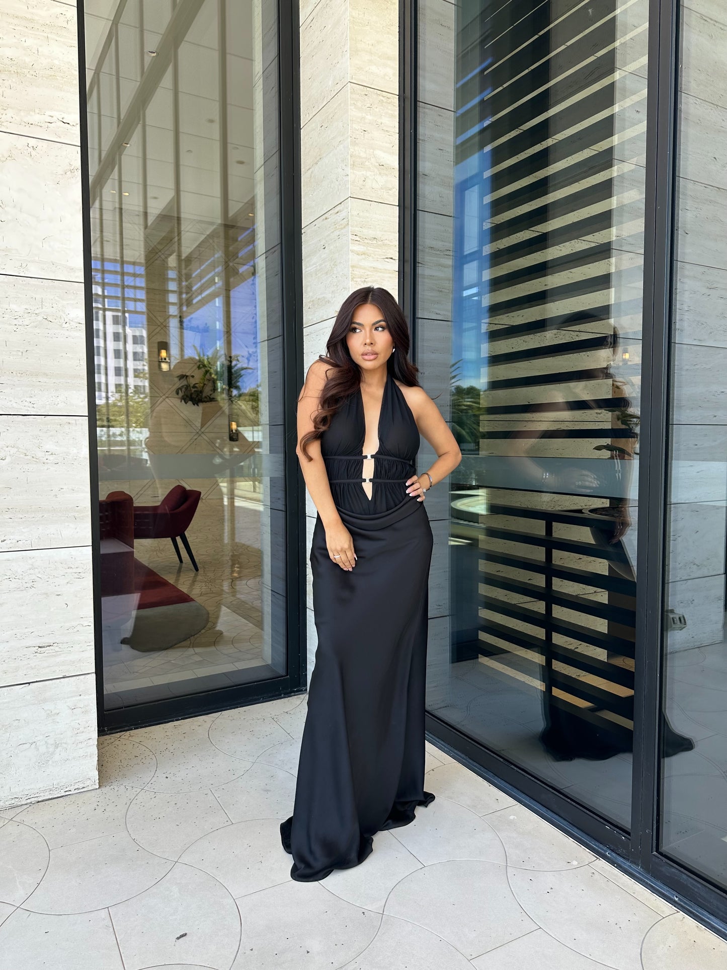 Misha Celine Satin Maxi Dress - Black