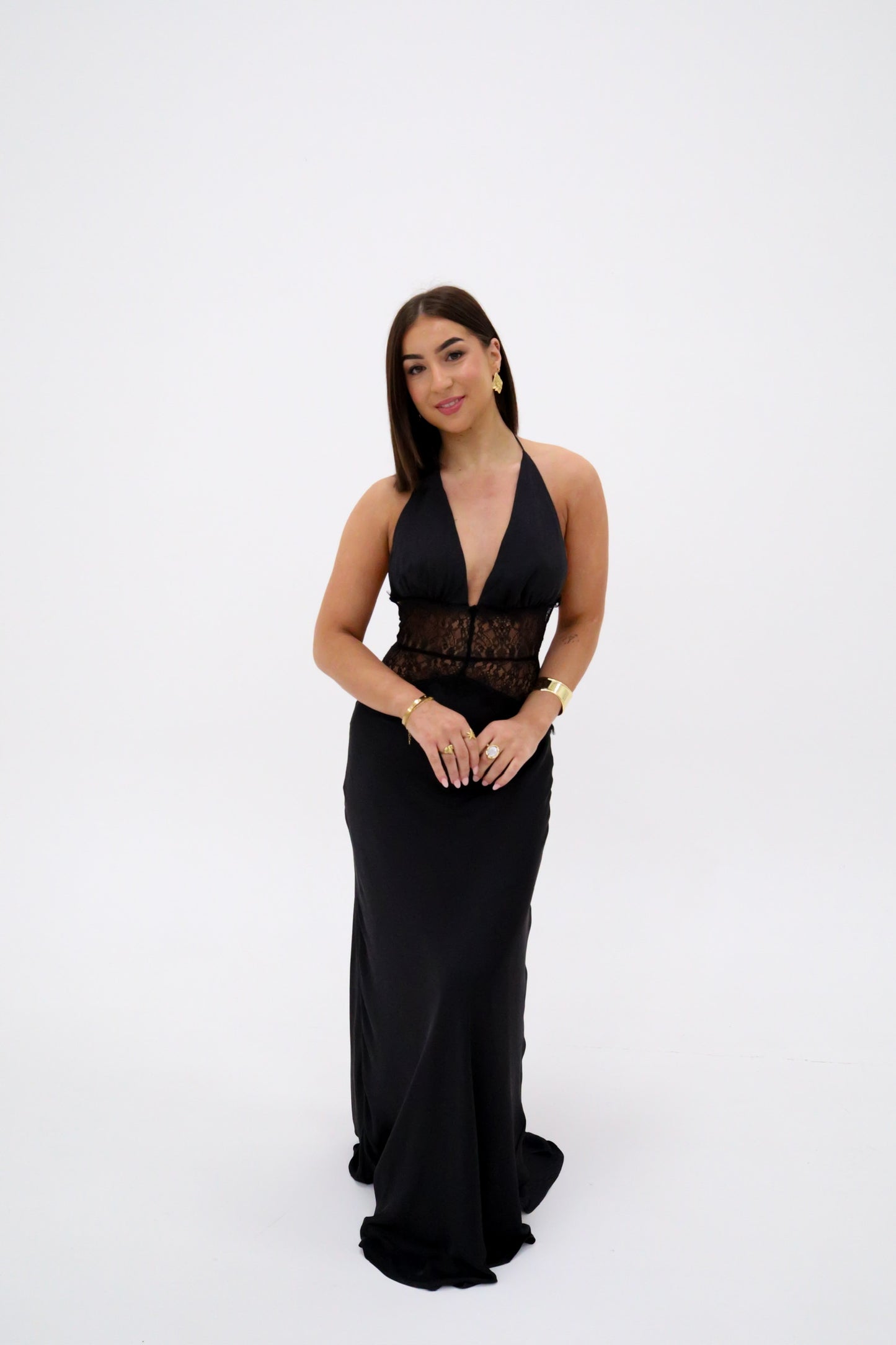 Meshki Dinah Lace and Satin Maxi Dress - Black