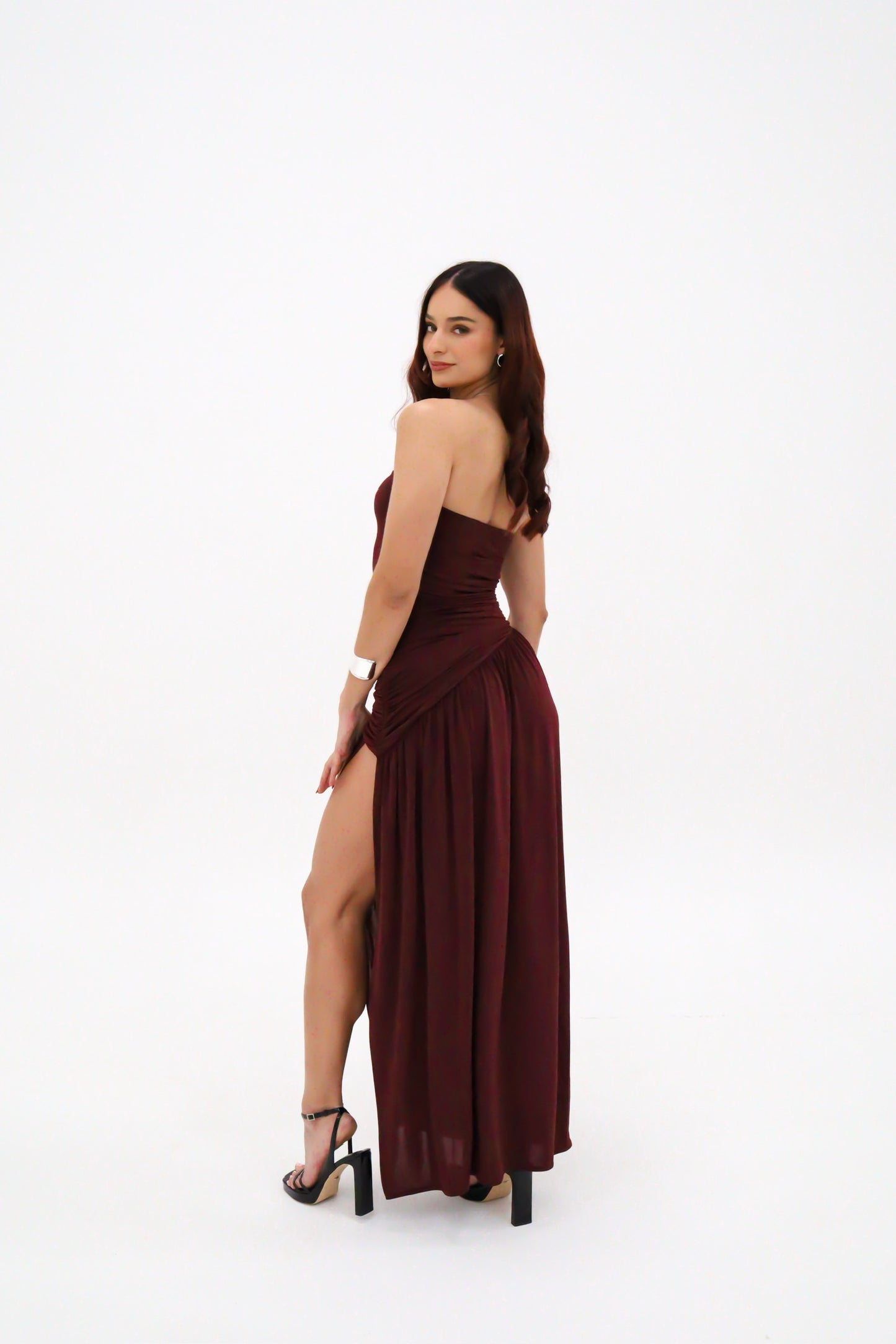 Meshki Bex Strapless Slinky Maxi Dress With Split - Burgundy