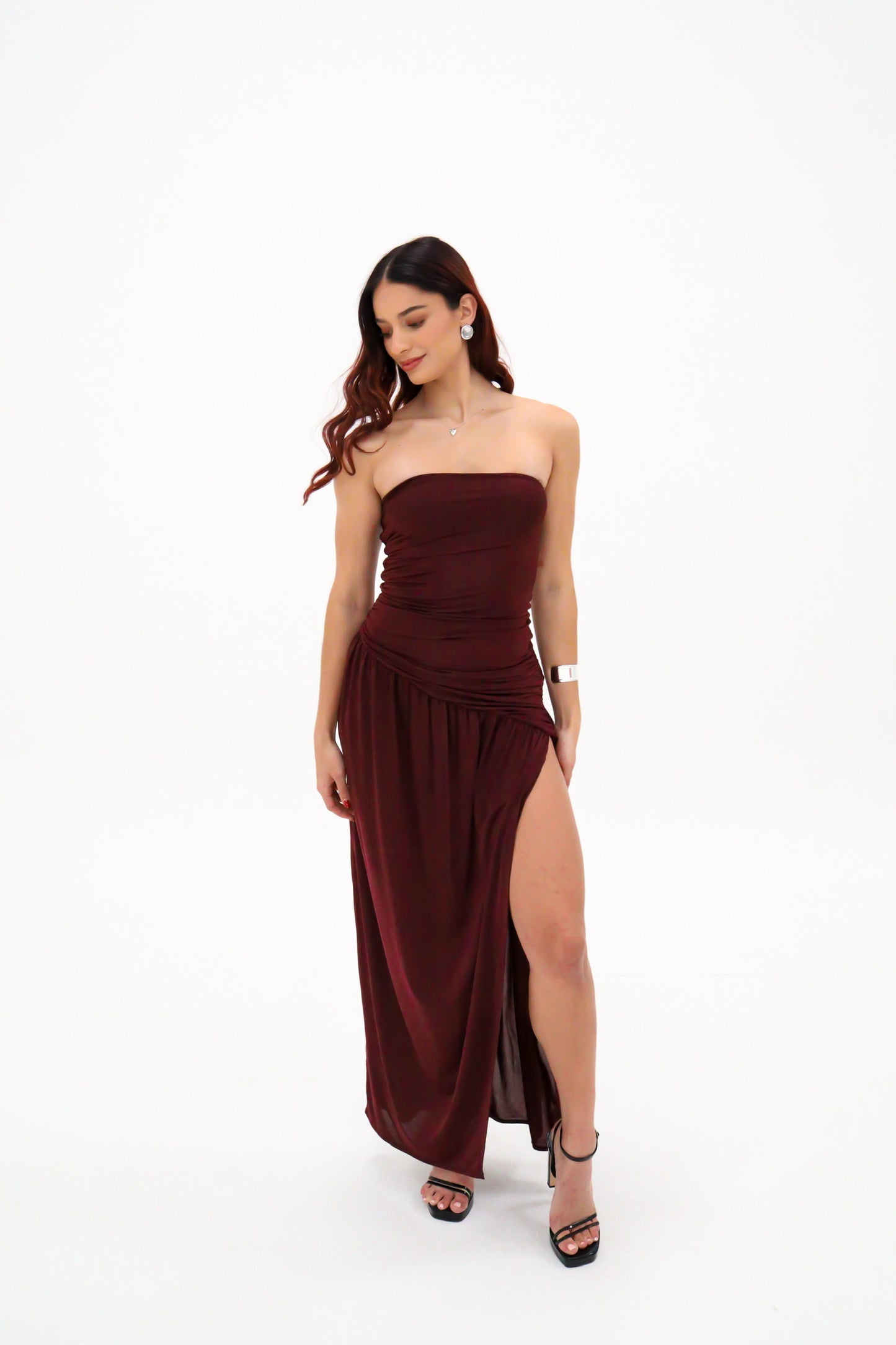 Meshki Bex Strapless Slinky Maxi Dress With Split - Burgundy
