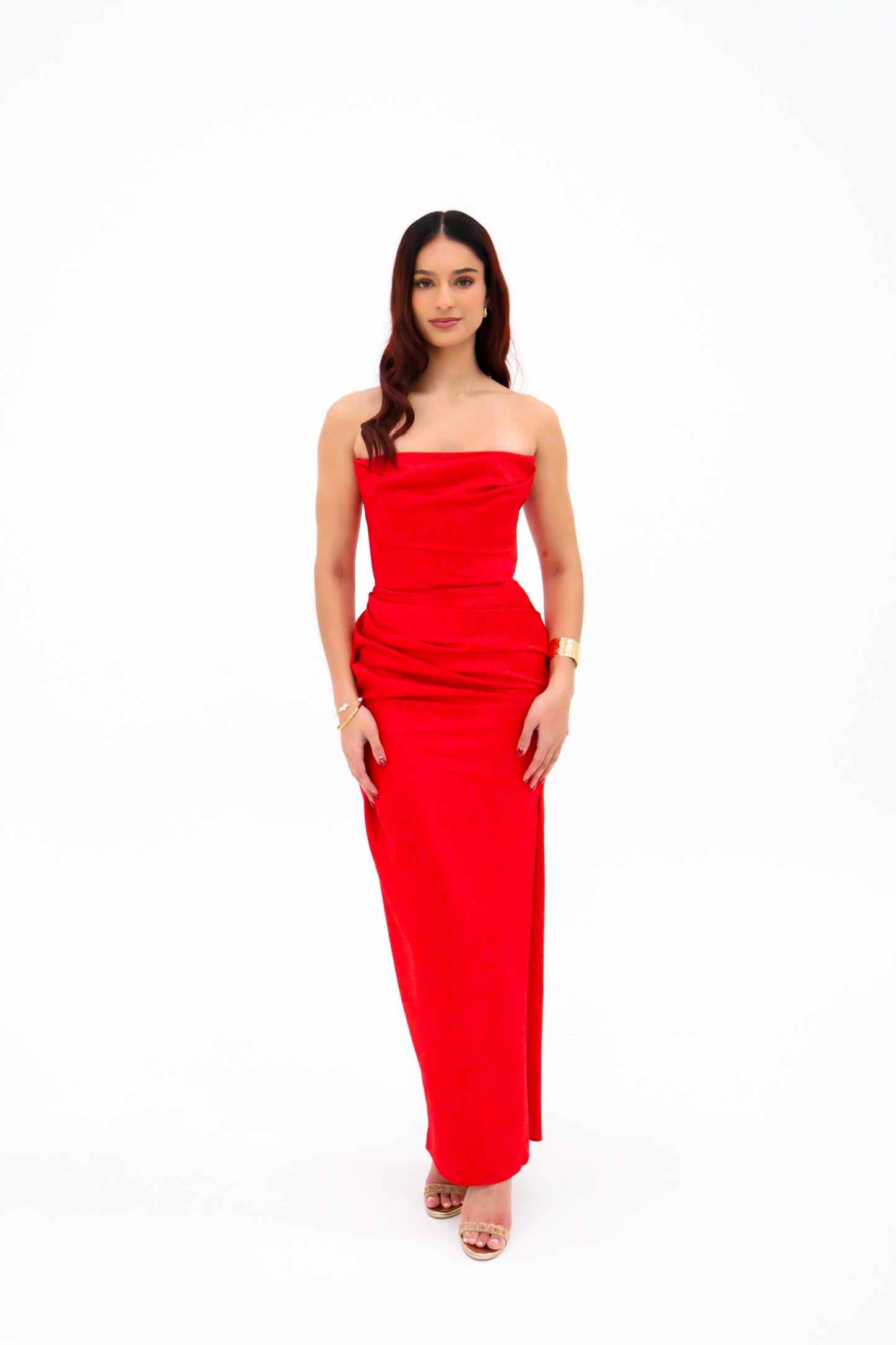 House of CB Adrienne Scarlet Satin Strapless Gown - Scarlet Red