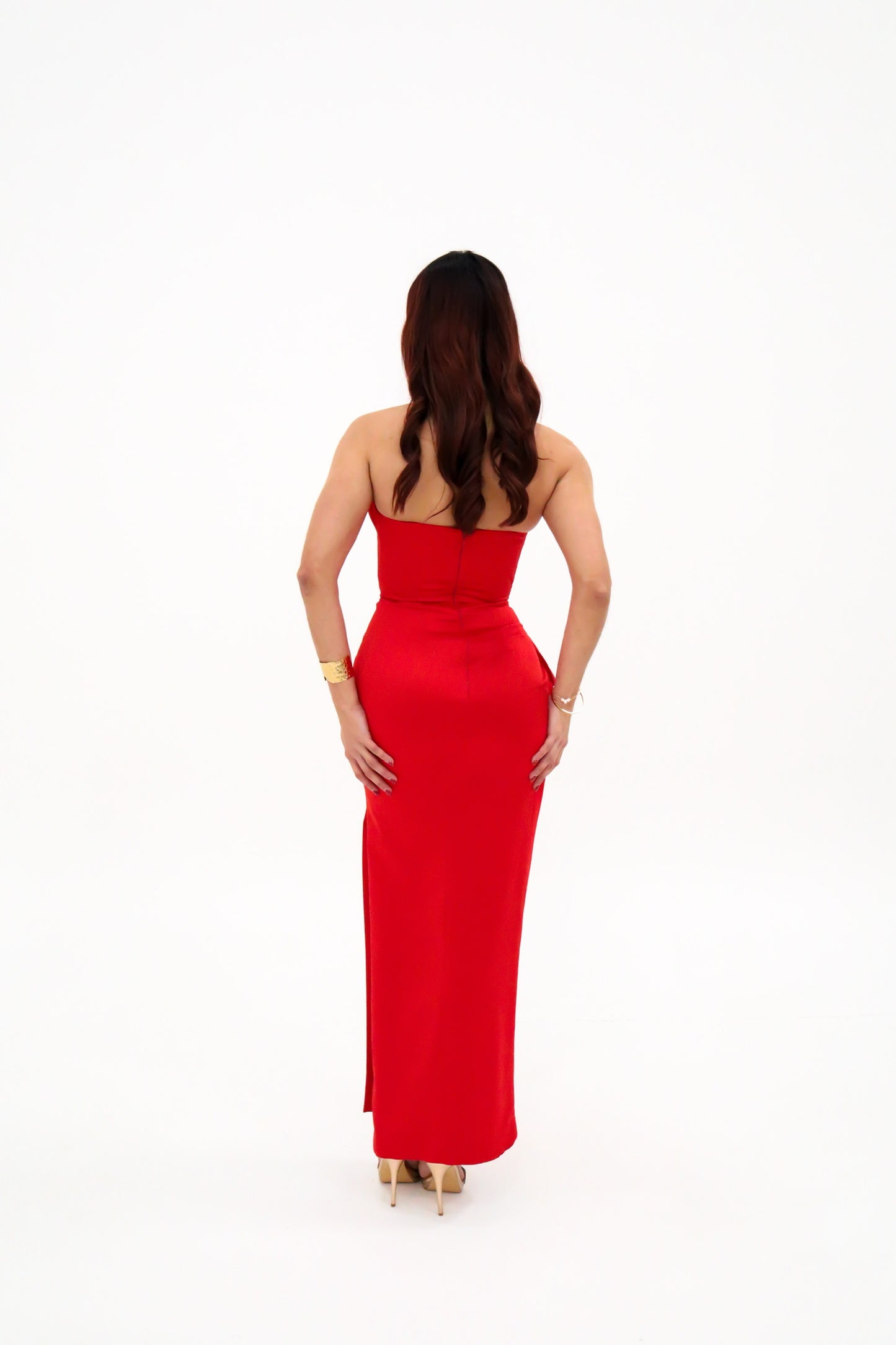 House of CB Adrienne Scarlet Satin Strapless Gown - Scarlet Red