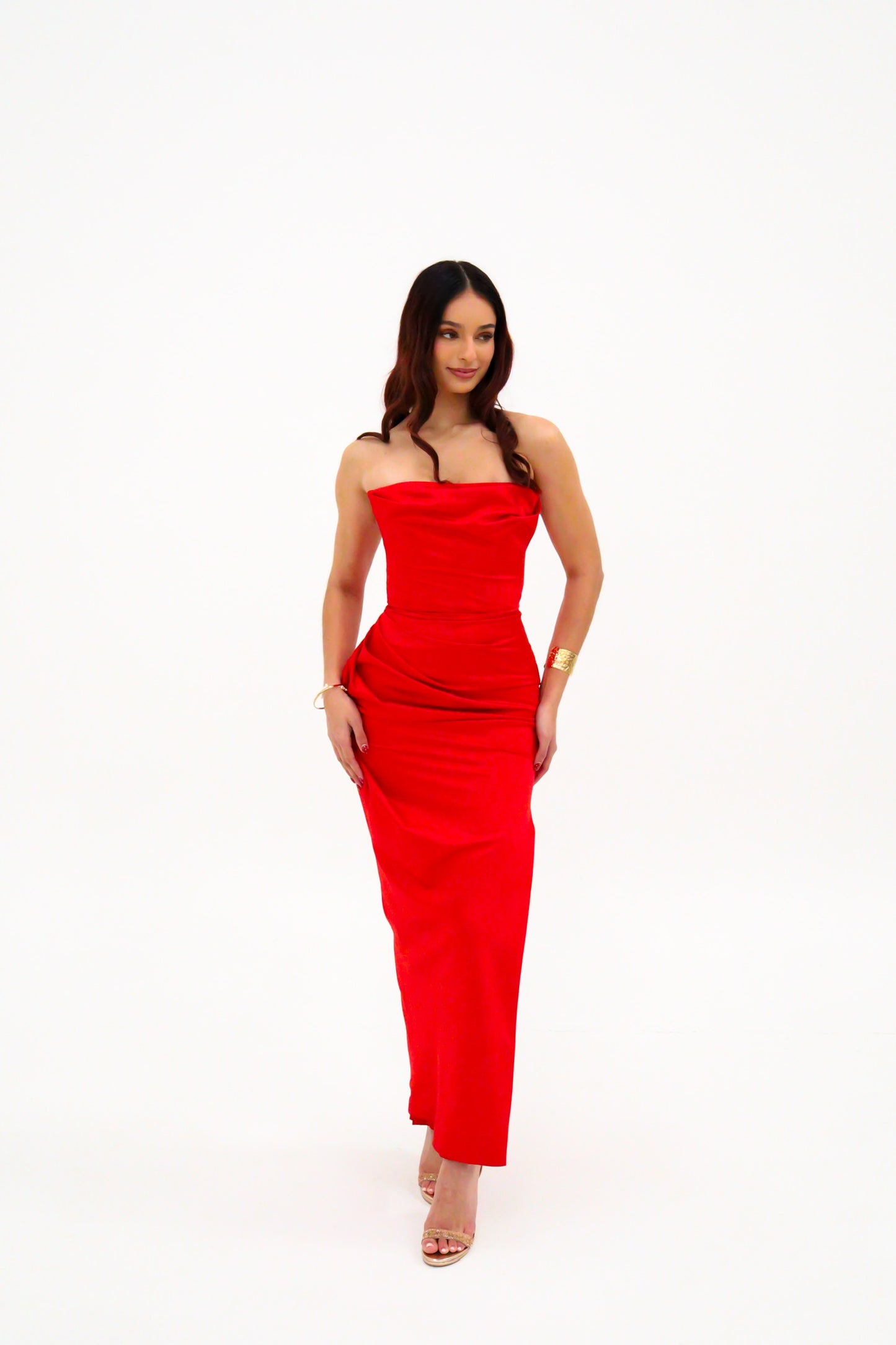 House of CB Adrienne Scarlet Satin Strapless Gown - Scarlet Red