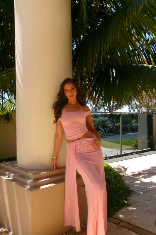 Meshki Arna Mesh Skirt And Brooklyn Mesh Crop Top - Candy Pink