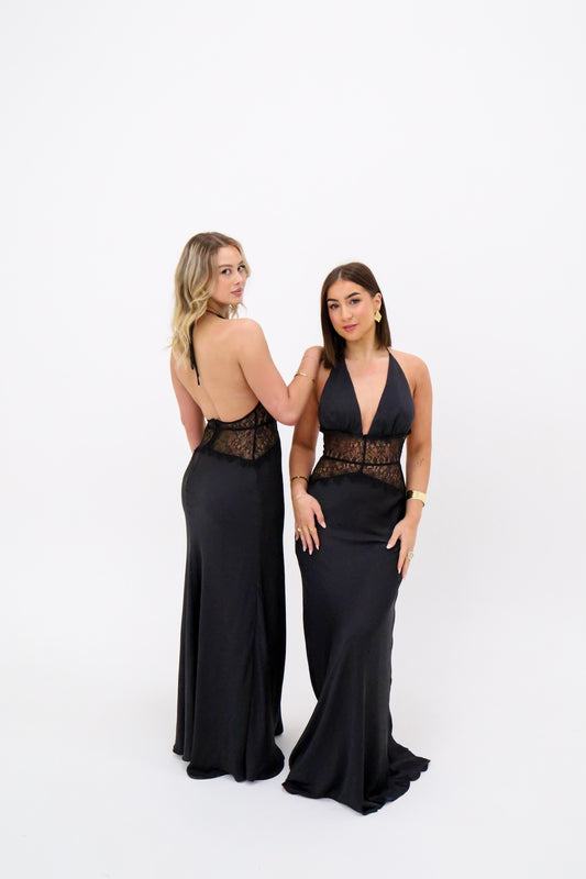 Meshki Dinah Lace and Satin Maxi Dress - Black
