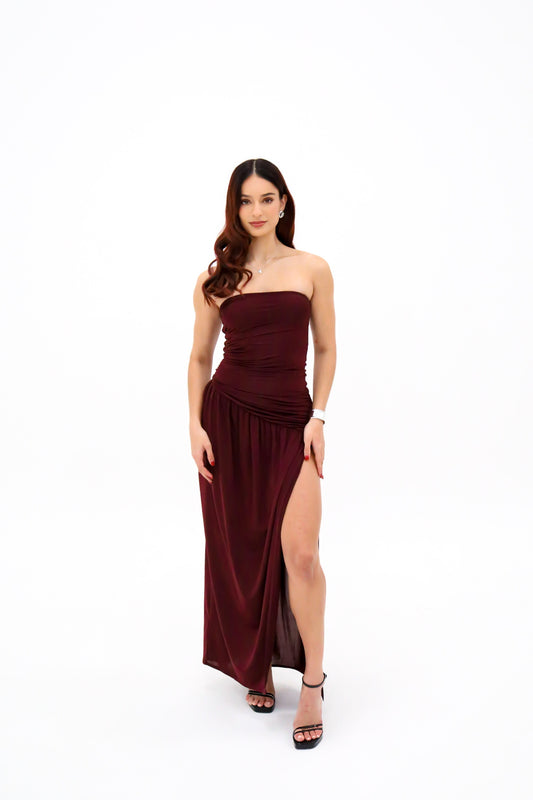 Meshki Bex Strapless Slinky Maxi Dress With Split - Burgundy