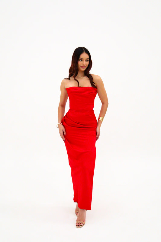 House of CB Adrienne Scarlet Satin Strapless Gown - Scarlet Red